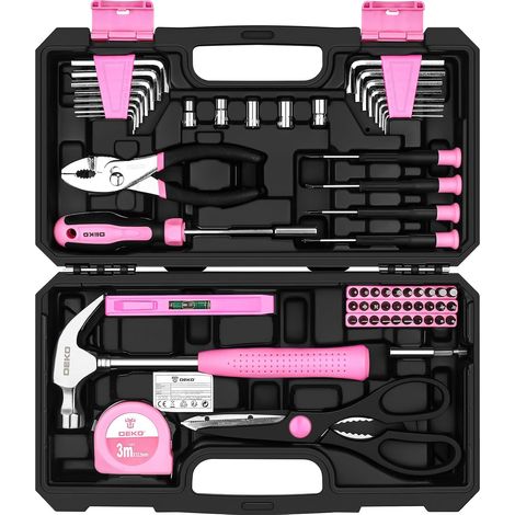 Boîte à outils complète rose 62 pièces, mallette, boîte à outils bricolage, pour femme, maison, bureau et voiture, pour entretien quotidien (1/5)