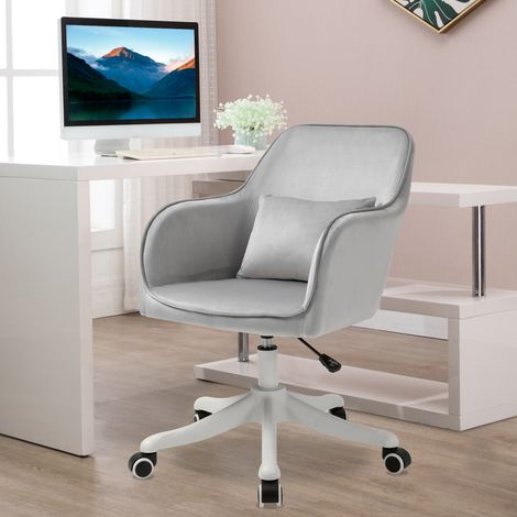 HOMCOM Chaise de bureau velours fauteuil bureau massant coussin lombaire intégré hauteur réglable pivotante 360° gris clair (1/5)