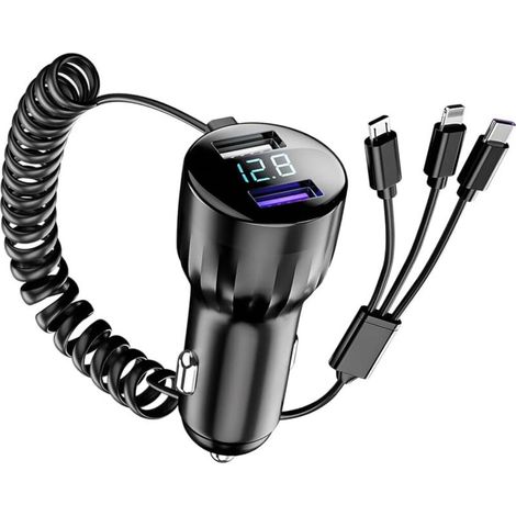 Nouveau chargeur de voiture numérique 2025, 1 à 3 ports USB avec câble, charge ultra rapide 100 W, compatible avec les appareils AquaForge. (1/5)