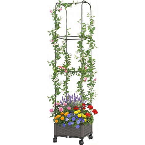 Jardinière surélevée avec treillis, bac à fleurs mobile sur roulettes, trou de drainage, dimensions : 40 x 40 x 185 cm