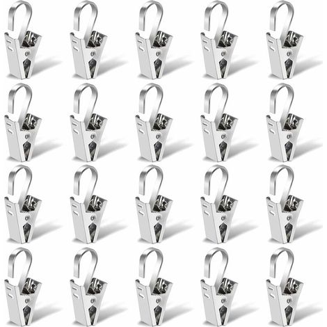 DEESSE SHOP - Pince à rideau en acier inoxydable, 20 pinces à tringle à rideau de 35 mm, pinces à anneaux de douche, pinces à crochets en argent pour lustres, images, rideaux de douche et tentures (1/5)