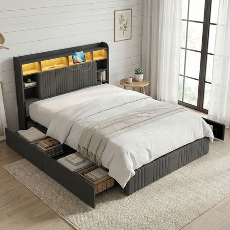 Letto per adulti 140x200, letto matrimoniale imbottito trapuntato con illuminazione LED e porta USB, 4 cassetti, testiera con contenitore, legno e lino, stile moderno, Grigio