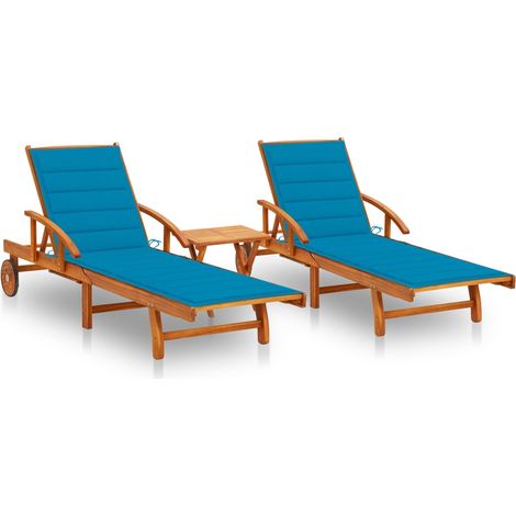 Sonnenliegen 2 Stk. mit Tisch und Auflagen Massivholz Akazie