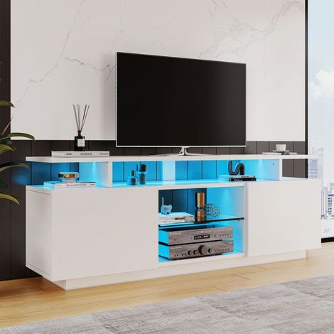 Mueble de TV - NEXU - hasta 60 pulgadas - 2 puertas, estantes de vidrio, iluminación LED - Madera - 140x35x55cm - blanco (1/5)