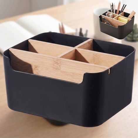 Organiseur de bureau 5-en-1 Noir - Gain de place sur le bureau Pour ranger stylos post-it agrafeuses & règles - Échancrure avant pour un accès facile - 18 x 14,4 x 9 cm (1/5)
