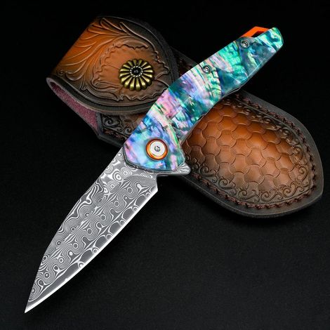 Damast Taschenmesser Klappmesser mit Abalone Griff, Einhandmesser mit Liner Lock & Messerscheide