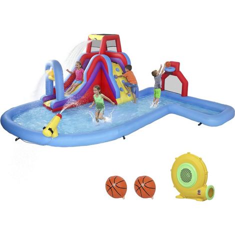 Château aquatique avec souffleur 550W, toboggan, mur d'escalade, piscine, basket et foot, parc enfant complet pour été et fête