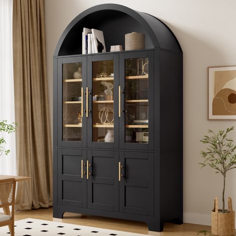 Buffet haut vaisselier 185 cm, meuble de rangement en arche, 3 portes en verre et étagères, style vintage, pour salon, salle à manger, noir (1/5)