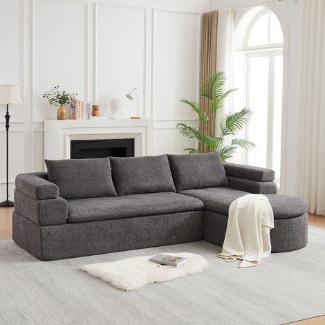 Canapé d’angle en L 3 places avec méridienne arrondie, accoudoir étagé, 3 coussins de dossier, tissu chenille gris anthracite, montage sans outil (1/5)