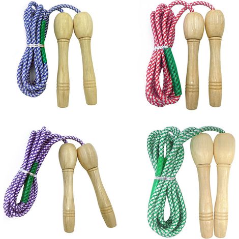 Corde à Sauter - Poignées en Bois - Cordon Tressé en Coton - Ajustable - Pour Enfants À Partir de 3 Ans - Lot de 4 (1/5)