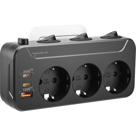Prise Multiple Murale,Bloc Multiprise 3 Prises avec Interrupteur Individuel Triple Prise USB Secteur, PD 20W Chargeur USB C Triplette Electrique Multiprise Parafoudre et Surtension, Noir (1/5)