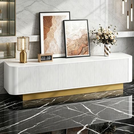 Meuble TV - Meuble TV 170 cm - Blanc design arrondi - 3 portes rainurées - Étagère réglable & passe‑câbles (1/5)