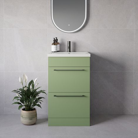 Napoli 390 Olive Green 500mm 2 Drawer Vanity Unit with Glide Basin - 500mm - Gunmetal Grey 320mm Handle