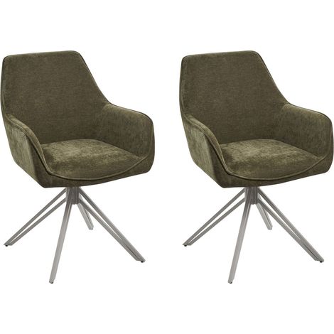 Set of 2 Swivel Dining Chairs Dark Green Fabric with Arms Backrest Beige Metal Legs Retro Transitional JODAR (1/5)
