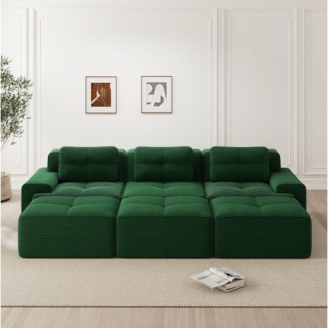 CHICFURN Sofá rinconero modular 293x177x69 cm en tejido de pana verde con función cama y 3 pufs (1/5)