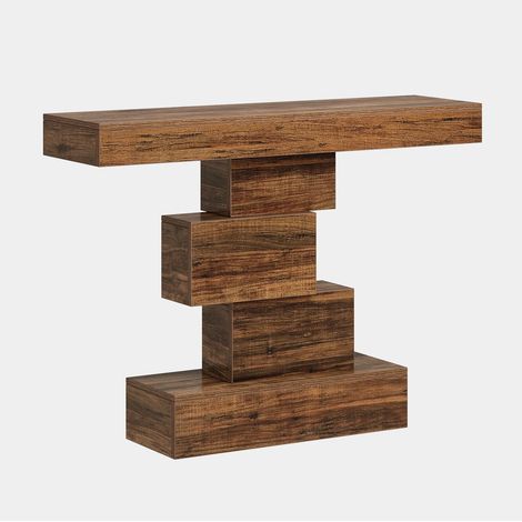 Mesa consola de madera marrón oscuro 108 x 30 x 80 cm con base geométrica HOMVRA (1/5)