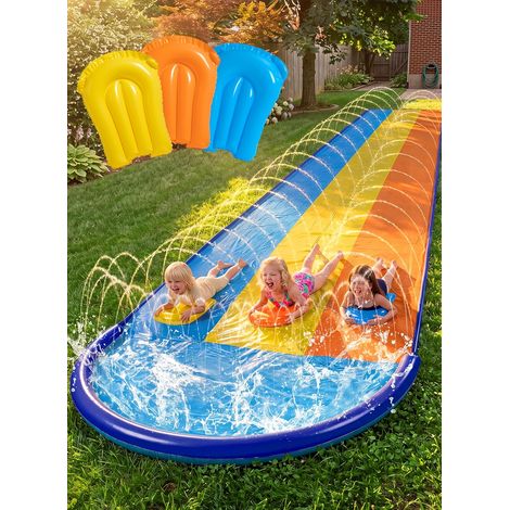 22,5ft/685,8cm Toboggan Triple avec 3 bodyboards, Toboggan Aquatique pour pelouse avec arroseur extérieur pour Enfants et Adultes, Jouet d'été pour s'amuser dans l'eau