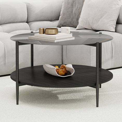 Mesa de centro redonda (82x82x45 cm), de dos niveles, cristal ahumado, madera e hierro negro (1/5)