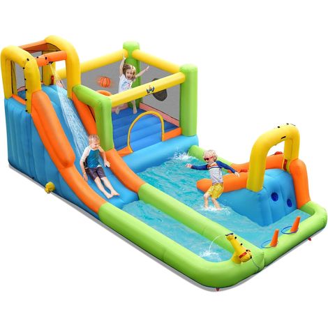 COSTWAY Castello Gonfiabile 8 in 1, Parco Acquatico con 2 Scivoli, Trampolino, Parete da Arrampicata, Canestro e Palla da Basket, Inclusi 3 Anelli, 3 Palline Bersaglio e Kit di Riparazione