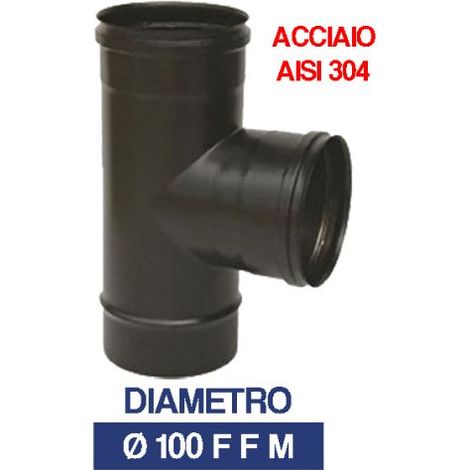 TUBO STUFA PELLET RACCORDO A T ACCIAIO INOX VERNICIATO NERO Ø 100 F F M (28571)