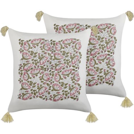 Conjunto de 2 cojines de algodón blanco rosa verde 45 x 45 cm a mano Carissa (1/5)