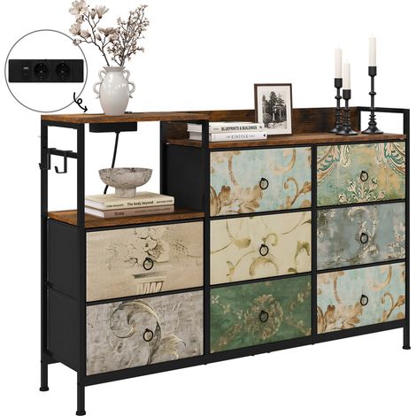 Commode à 8 Tiroirs WOLTU, Commode avec Station de Charge, Tiroirs en Tissu et Crochets, en Métal et Bois d'Ingénierie E1, Marron Rustique+Noir+Motif de Fleur Vintage