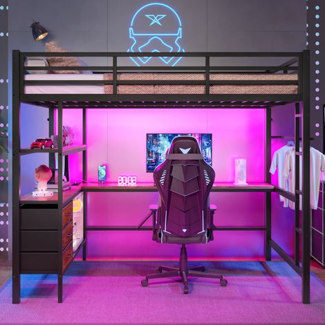 Lit mezzanine 140x200 cm, cadre métal + MDF, éclairage LED télécommandé, bureau avec prise et USB, 3 tiroirs et rangements, Sécurité optimale, Noir (1/5)