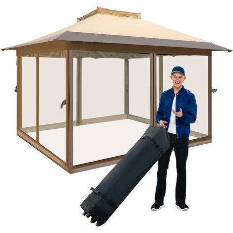 Gazebo pop-up 358x358cm con rete laterale a 4 lati cima ventilata borsa da trasporto, Tenda gazebo istantanea Marrone (1/4)