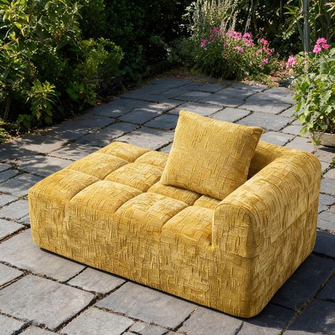 Canapé chaiselongue fixe en tissu chenille jaune avec coussin (1/5)