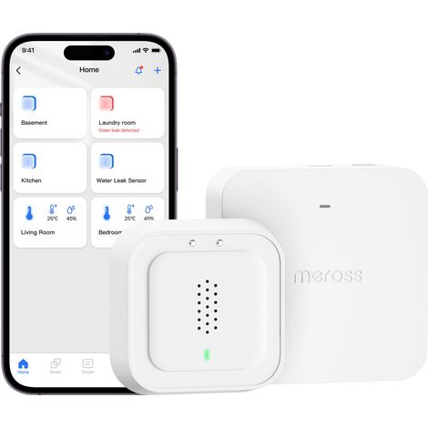 Meross WIFI Sensore Acqua con Hub  Sensore di acqua Rilevamento 0,3 mm  Rilevatore di Acqua Intelligente fino a 100dB & APP & allarme hub  rallarme intelligente in Cucina, Bagno, Cantina  2,4 GHz (1/5)