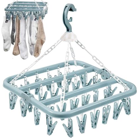Séchoir à Linge Suspendu avec 32 Pinces Cintre Multifonction pour Chaussettes, sousVêtements et Petits Vêtements Gain de Place Bleu (1/5)
