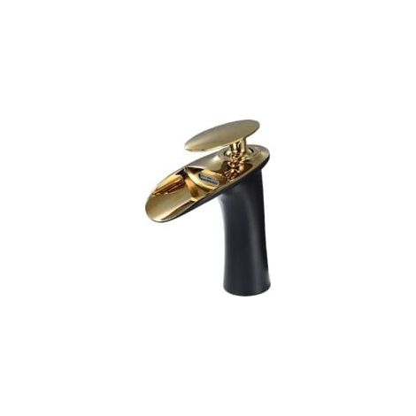 Ensemble de robinetterie de salle de bain, mitigeur d'évier en laiton à poignée unique avec poignée polie dorée, laque noire (1/5)