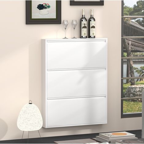 Wand-Schuhschrank 80x15x110 cm aus Metall Weiß, 3 Klappen, platzsparend – MEUBLIV (1/5)
