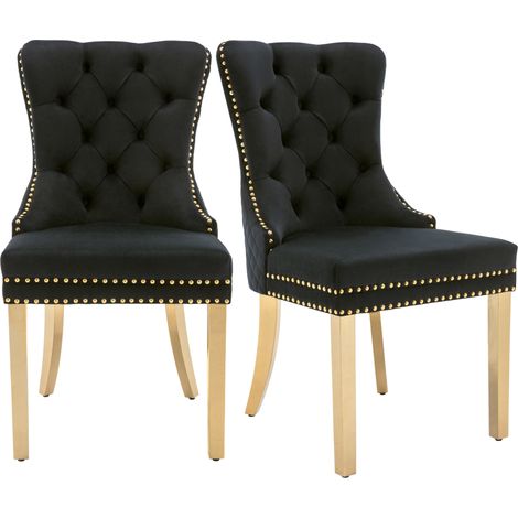 Pack de 2 sillas de comedor tapizadas de terciopelo negro con patas de acero inoxidable dorado (1/5)