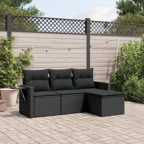 Salon de Jardin Modulaire 4 Places en Résine Tressée Noire avec Coussins Déhoussables - Canapé + Pouf + Table Accoudoir (1/4)