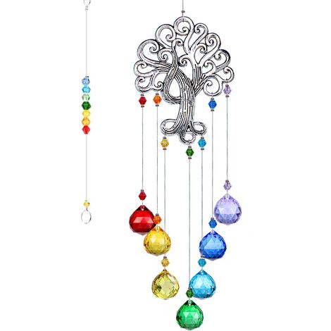 Atrapasueños de cristal, colores de los chakras, bola de prisma, árbol de la vida, adorno colgante para ventana, colgante arcoíris (1/5)