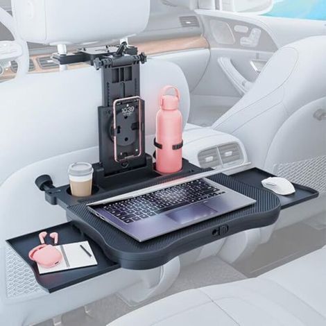 Tablette de siège auto portable, table pour passager arrière avec porte-gobelet et support pour téléphone portable, table télescopique pliable pour siège arrière de voiture pour voyager, travailler et (1/4)