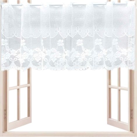 Rideau de fenêtre, rideau jacquard transparent à fleurs, rideau blanc, confectionné en jacquard fin avec dentelle florale incurvée à la main, rideau style bistrot (150 x 45 cm) (1/5)