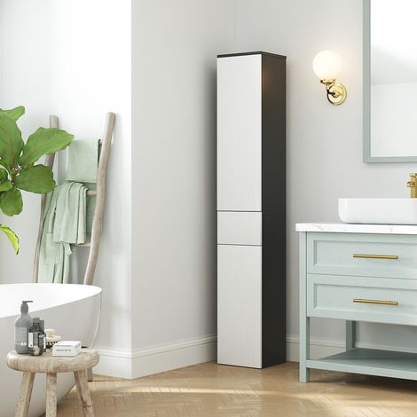 Armoire de Salle de Bain en Bois Noir, 30x28x180 cm, avec 2 Rangements et Tiroir (1/5)