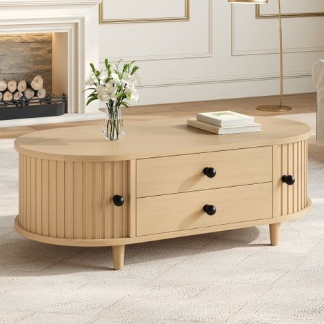 Modernluxe - Table basse ovale 100x50x36 cm - 2 tiroirs et 2 portes coulissantes - Pieds en bois massif - MDF - Naturel (1/5)