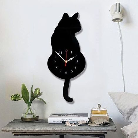 Srna Horloge murale créative chat en acrylique avec pendule queue de chat (42 cm x 18 cm) Décoration d intérieur pour le salon, la chambre à couch (1/4)