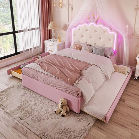 Lit enfant princesse 140x200 cm en PU rose avec tête de lit couronne, sommier à lattes, lit gigogne, 2 tiroirs et LED