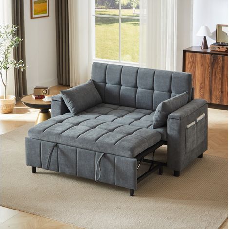 Sofá cama 2 plazas 3 en 1 de tela gris con cama extraíble, posición reclinada, almacenaje en reposabrazos y bolsillos laterales – CHICFURN para salón y cuarto de invitados (1/5)