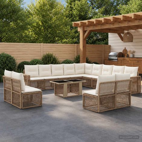vidaXL Set Divano da Giardino 14 pz Beige e Bianco Crema polyrattan (1/5)