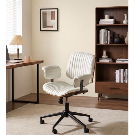Silla de oficina ergonómica giratoria con ruedas, reposabrazos acolchados y tapizado en cuero regenerado beige, costuras decorativas y estilo elegante para despacho - CHICFURN (1/5)