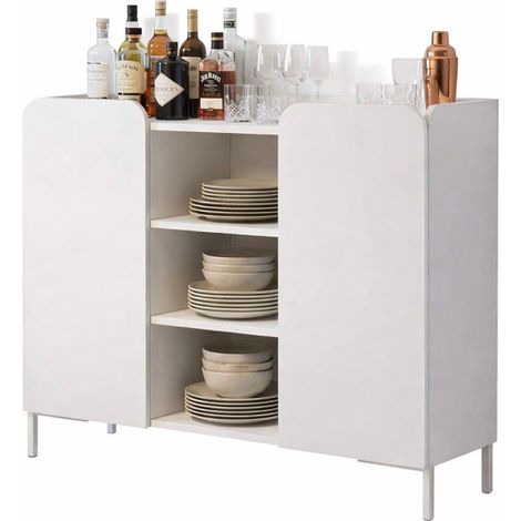 Buffet Design Blanc 2 Portes 7 Niches Dessus Crédence Pieds Métal L 90 H 81 P 36 cm (1/5)