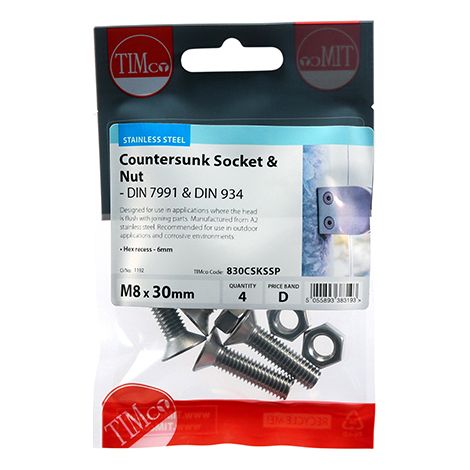 TIMCO Countersunk Socket Screws DIN7991 A2 Stainless Steel - M8 x 30