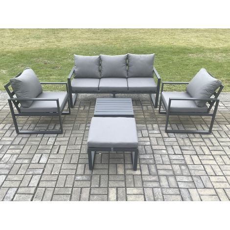 Fimous Aluminium Outdoor Garden Furniture Set Lounge Sofa 2 PC Chairs Square Coffee Table Sets with Big Footstool Dark Grey