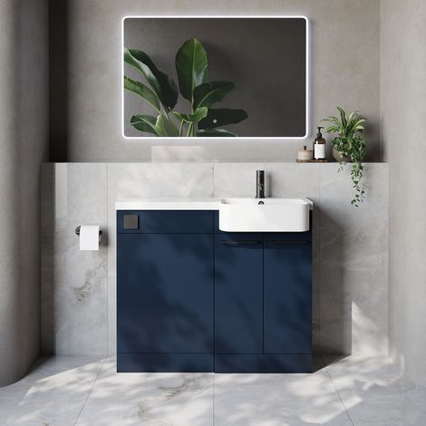 Napoli 250 Deep Blue 1000mm 2 Door Vanity Unit Toilet Suite with Right Hand Round Rico Semi Recessed Basin - 1000mm - Matt Black 160mm HandleWithout Kingston Toilet Pan