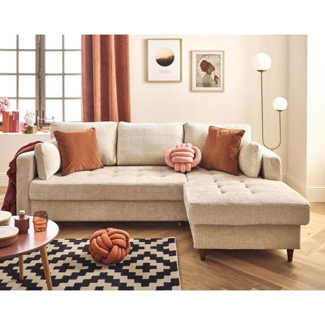 Anna - ecksofa rechts 4-sitzer schlaffunktion und bettkasten aus strukturiertem samt - beige